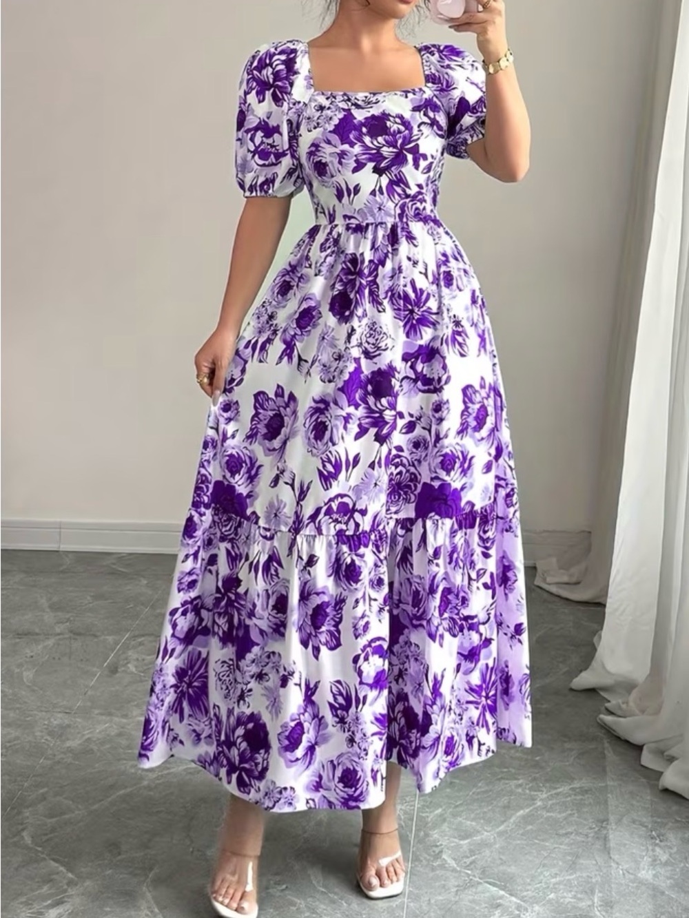 Purple Floral Square-Neck Maxi Dress